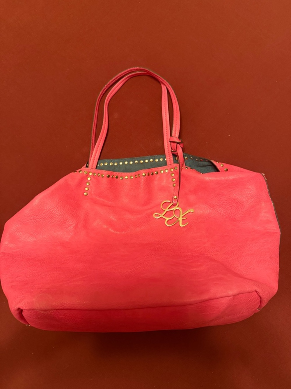 Bright Pink Leather Studded Tote Bag with Logo Charm